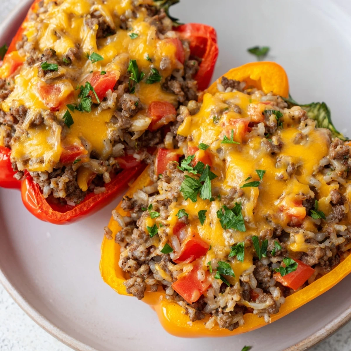 Hearty kielbasa stuffed bell peppers overflowing with cheesy beef and rice mixture