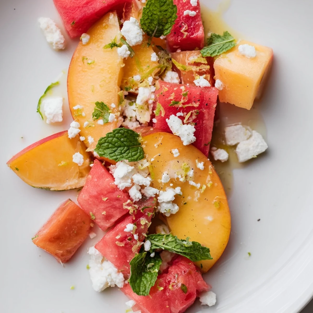 Juicy watermelon cubes and ripe peach slices tossed with herbs in a white serving dish