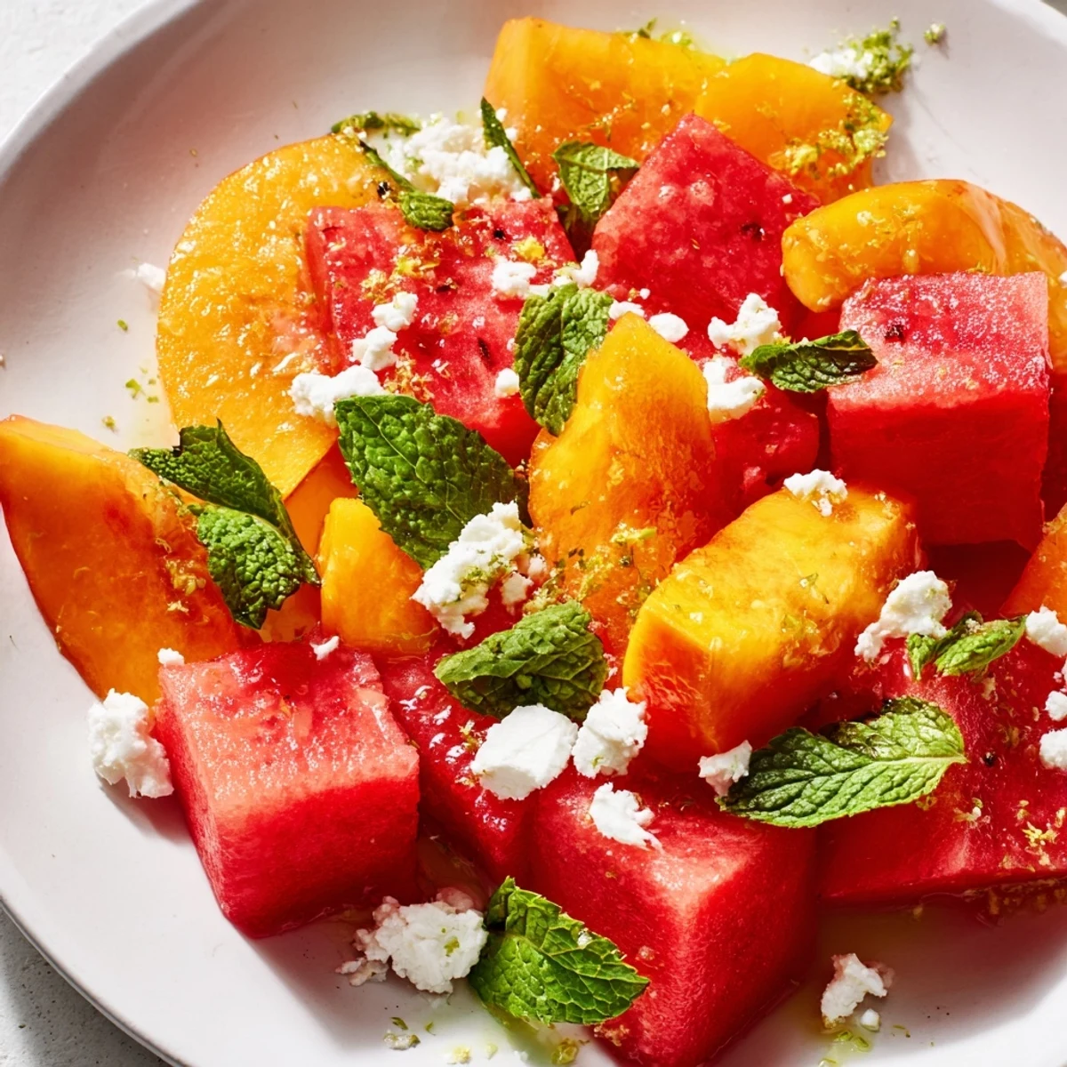 Summer peach watermelon salad featuring bright red melon, golden peaches, and green mint garnish