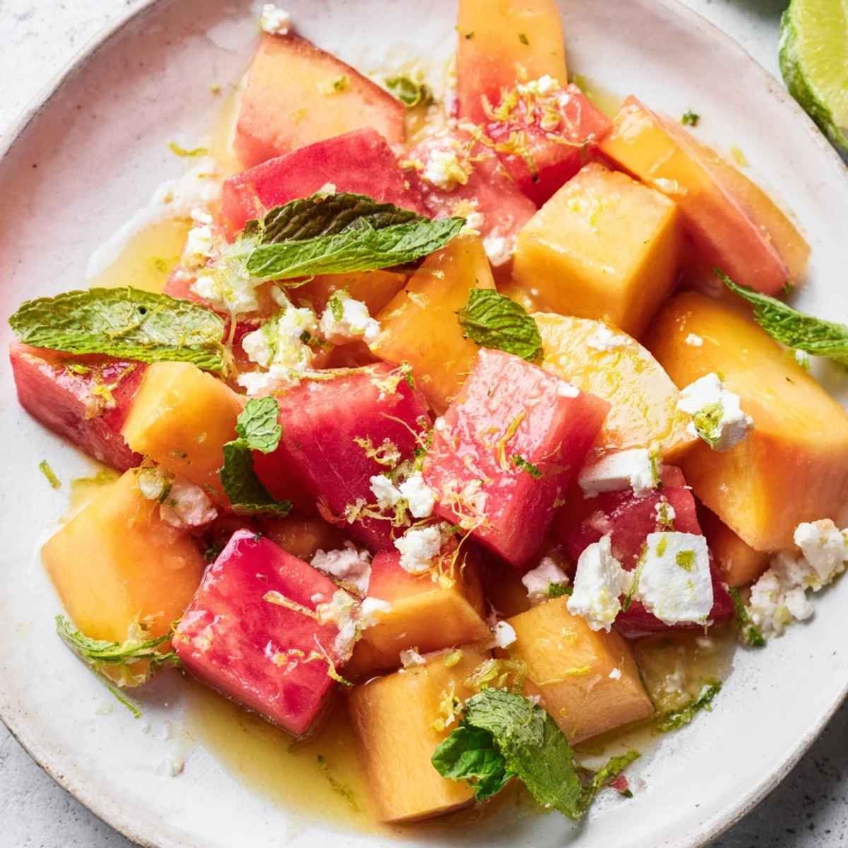 Colorful bowl of fresh peach watermelon salad with mint leaves and citrus lime dressing