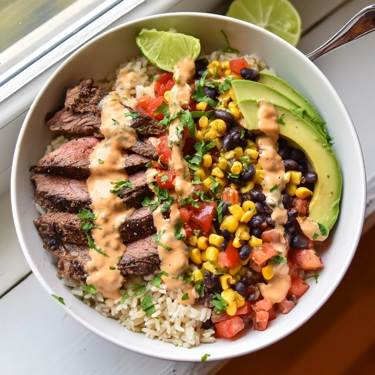 Steak queso rice bowl featuring tender spiced beef over cilantro lime rice with warm melted cheese sauce