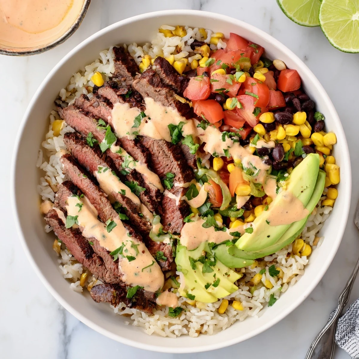 Savory steak queso rice bowl topped with juicy steak strips, avocado, corn and drizzled homemade cheese sauce
