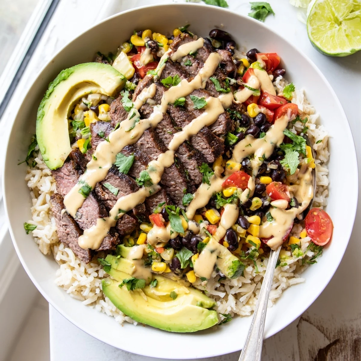 Tex-Mex steak queso rice bowl loaded with seasoned flank steak, black beans, fresh tomatoes and creamy queso