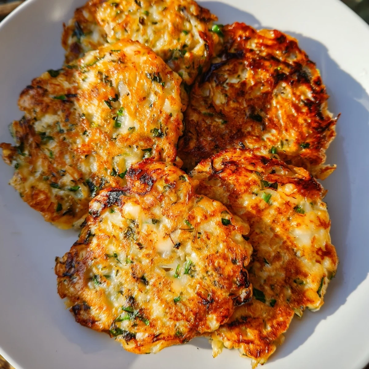Crispy pan-fried keto cheesy chicken fritters with visible melted mozzarella and green onion bits