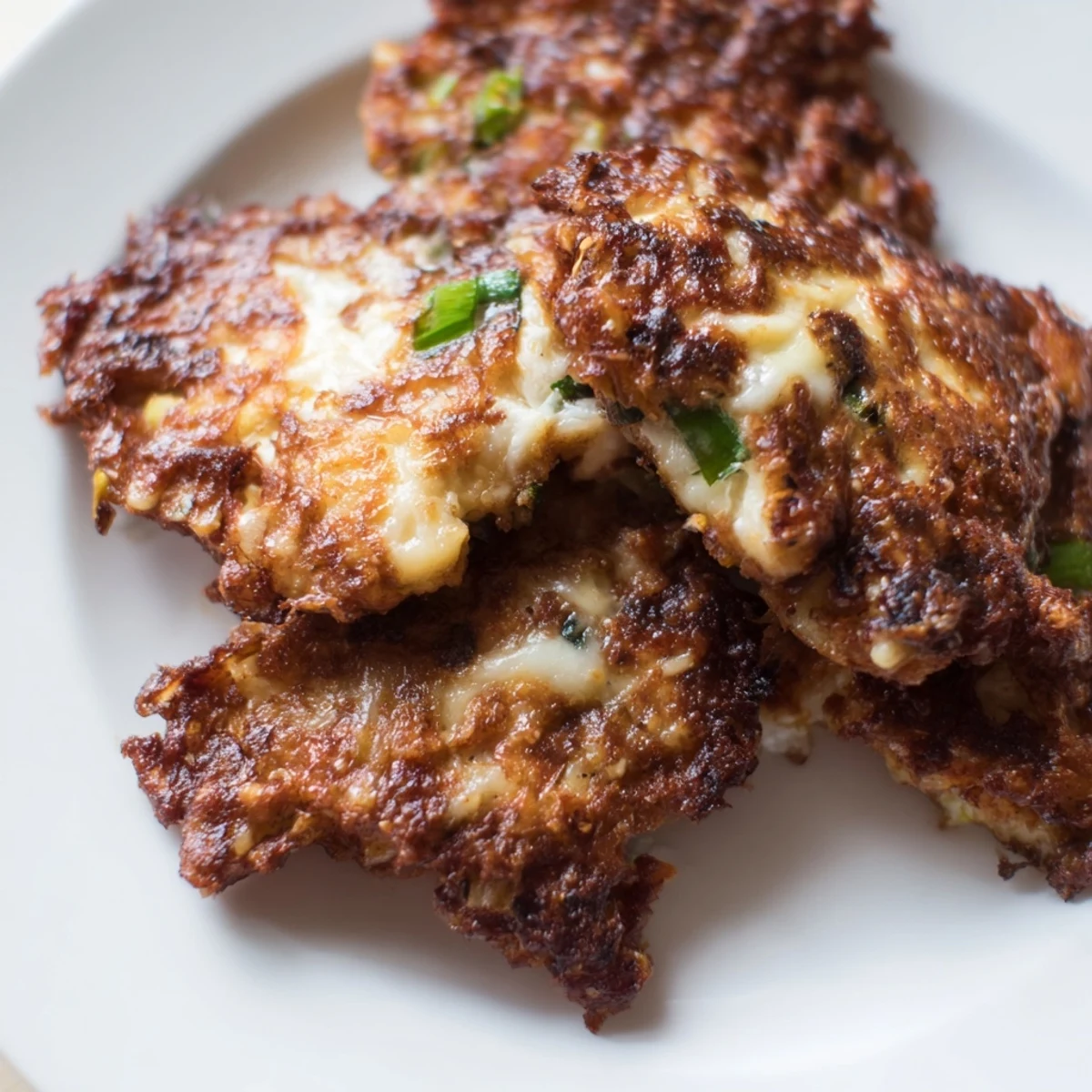 Golden brown keto cheesy chicken fritters stacked on a white serving plate with fresh parsley garnish