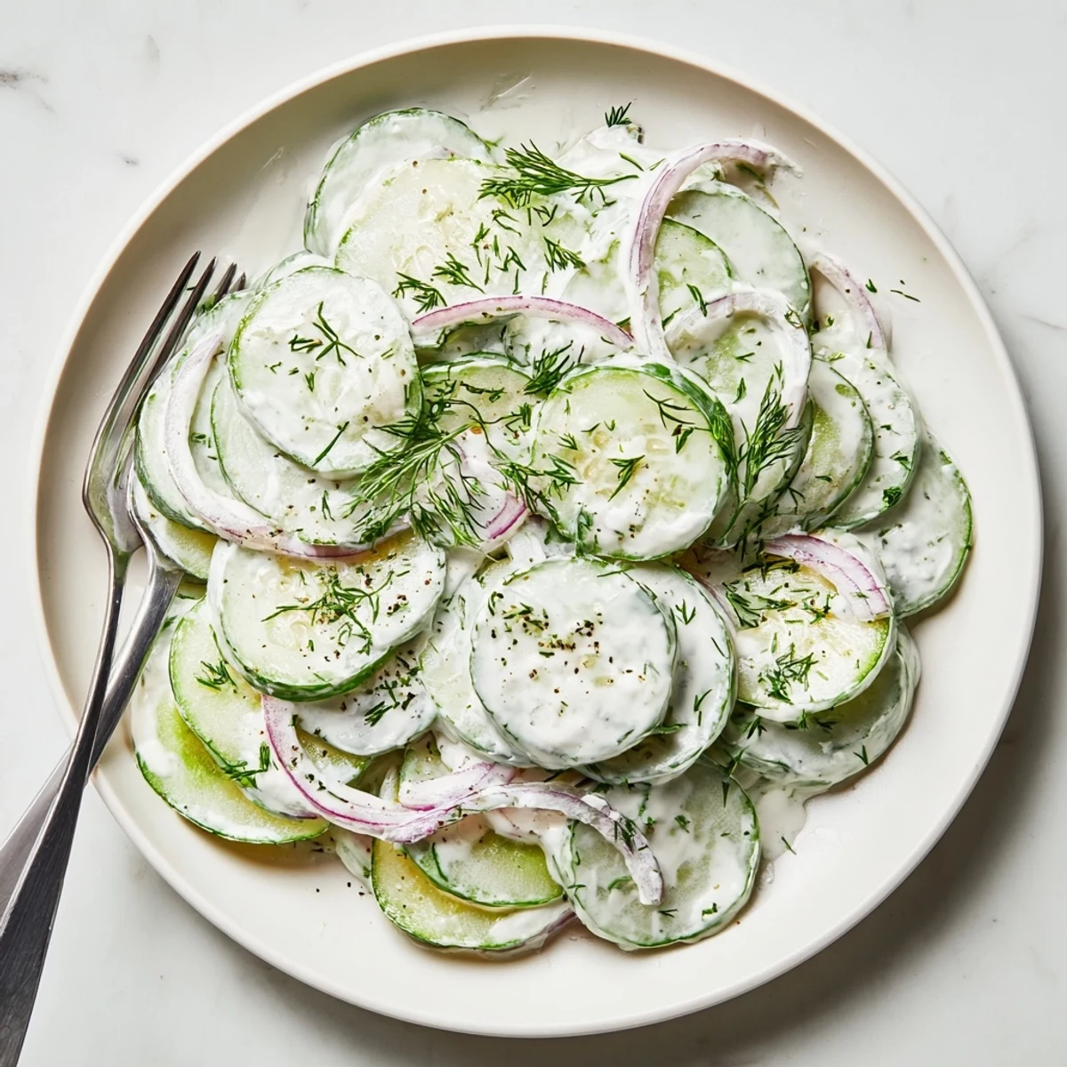 Summer cucumber dill salad arranged on white plate with fresh dill garnish and light dressing