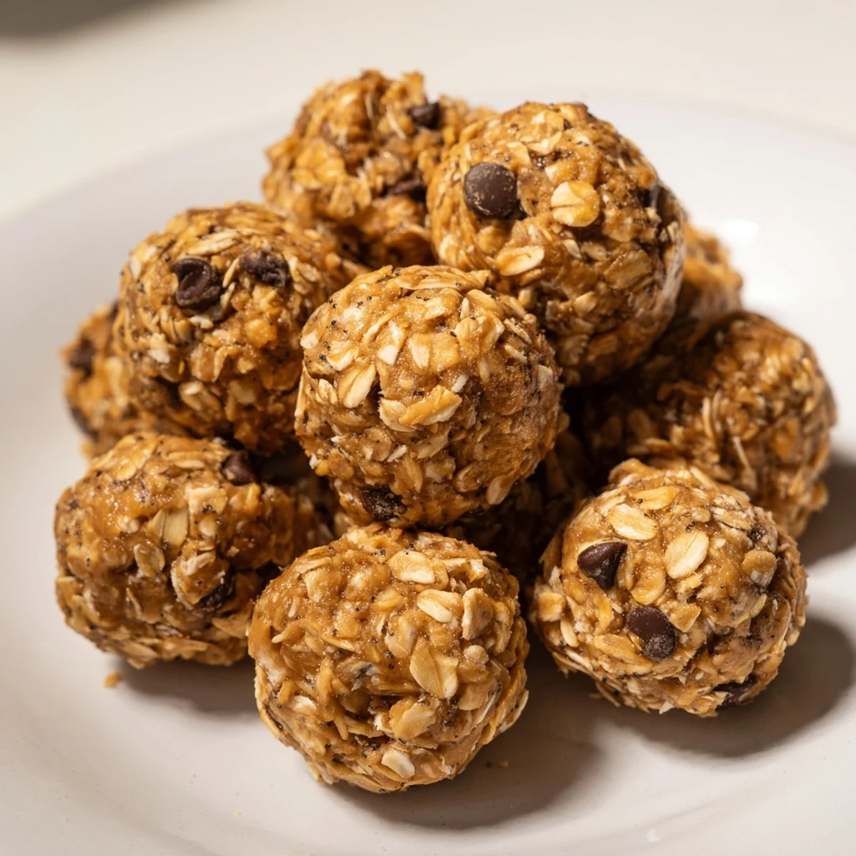 Bite-sized no-bake peanut butter energy balls dotted with mini chocolate chips ready for snacking