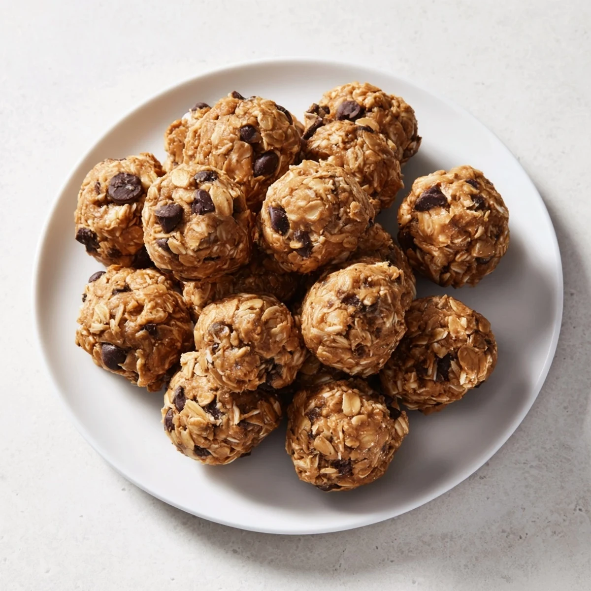 Golden peanut butter energy balls rolled with oats and dark chocolate chips on a wooden board