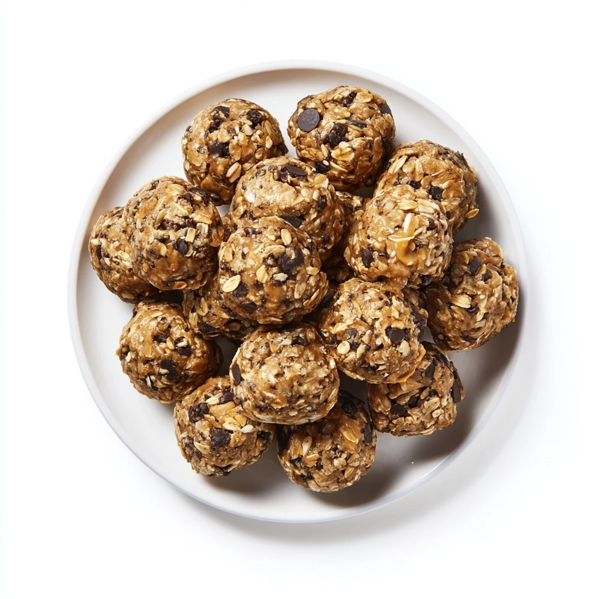 A platter of homemade peanut butter energy balls topped with coconut flakes and chia seeds
