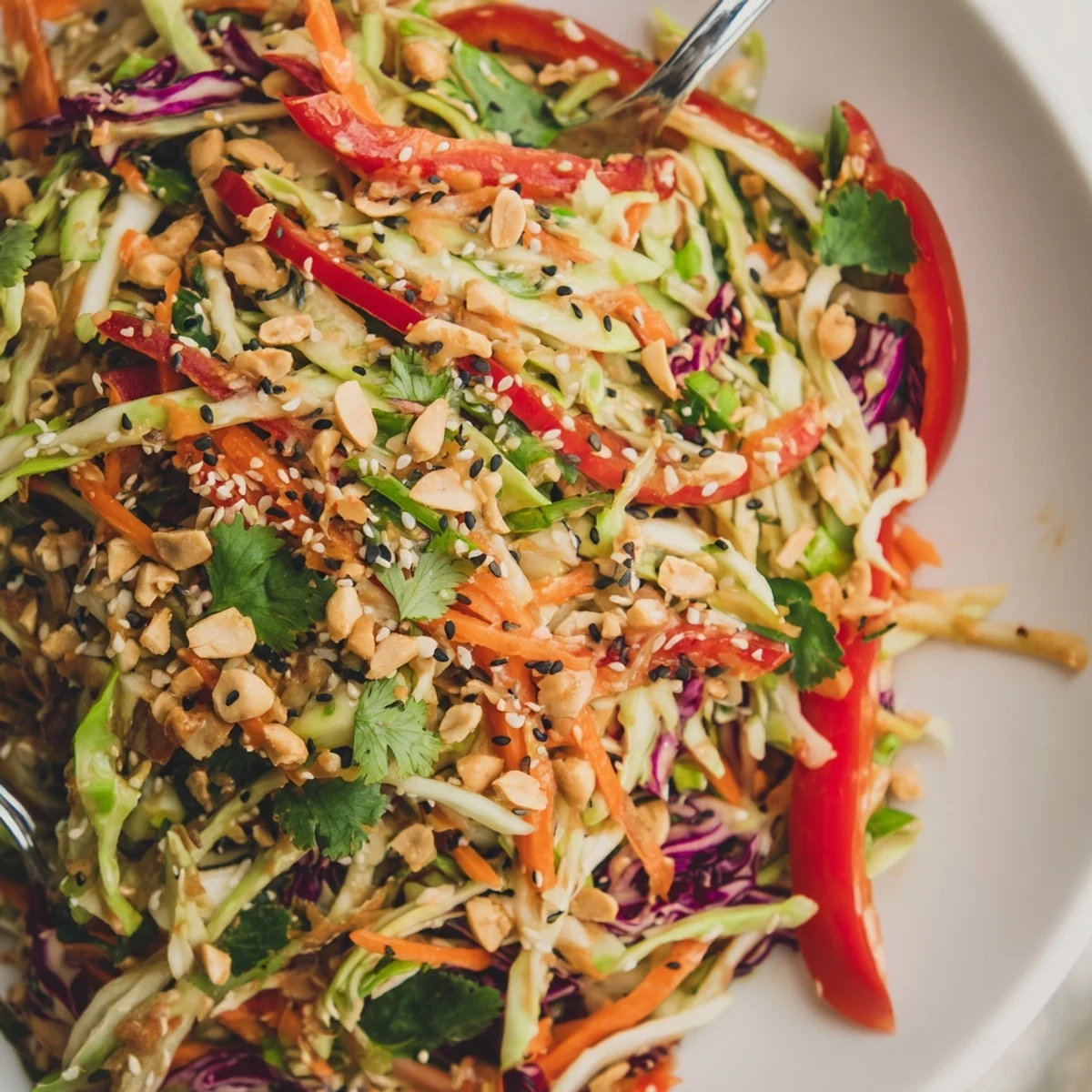 Asian Cabbage Salad with crunchy cabbage, bright peppers, and toasted sesame seeds