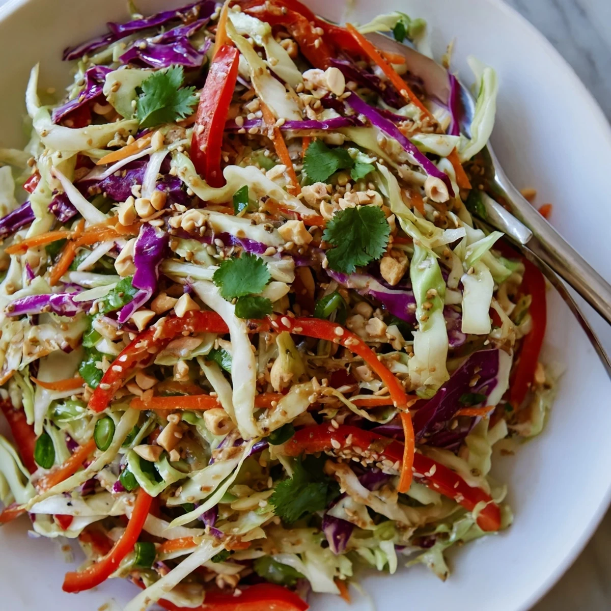 Fresh Asian Cabbage Salad piled in bowl, crunchy carrots and cilantro