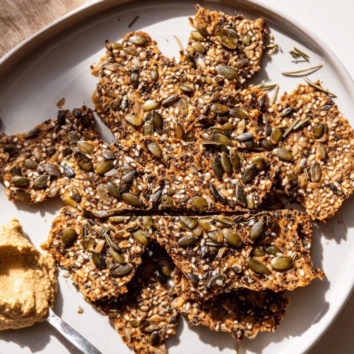 Crunchy Seed Crackers cooling on parchment paper, golden edges and visible seeds.