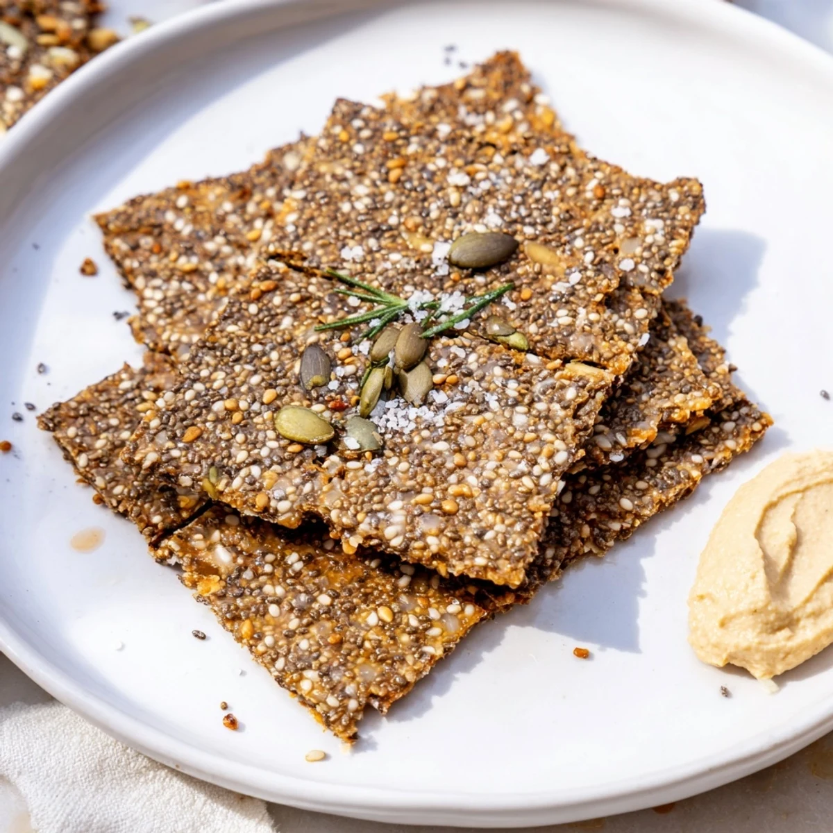 Thin homemade Seed Crackers arranged with hummus for savory dipping.