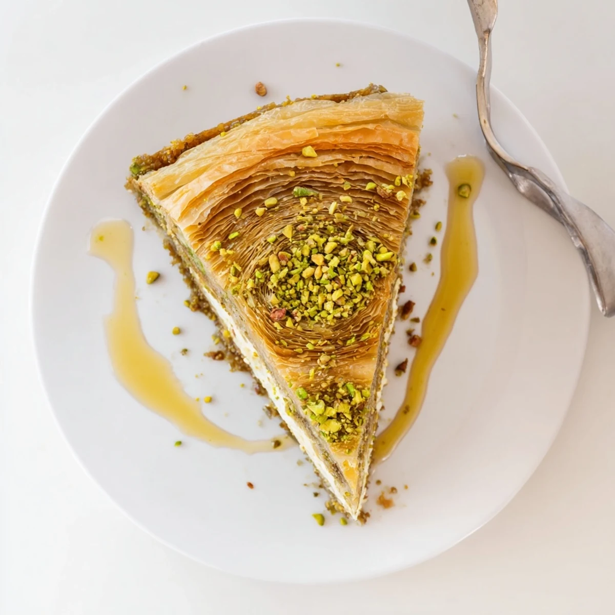 Pistachio Baklava Cheesecake with honey syrup, flaky phyllo crust, pistachio crunch.