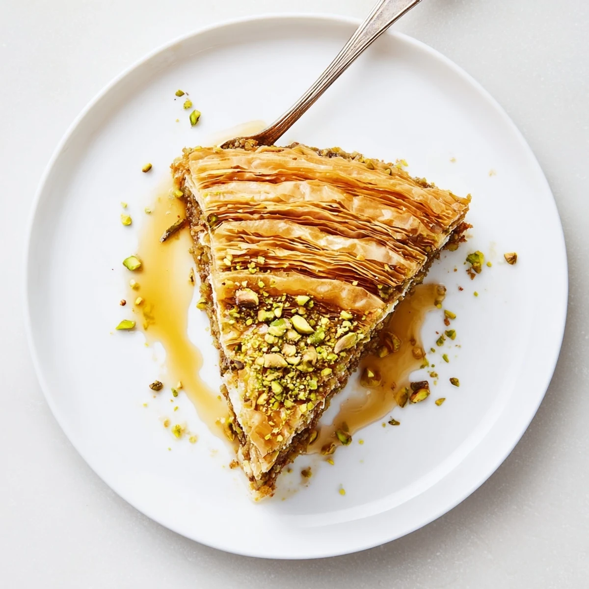 Warm espresso beside Pistachio Baklava Cheesecake topped with chopped pistachios, glossy syrup.