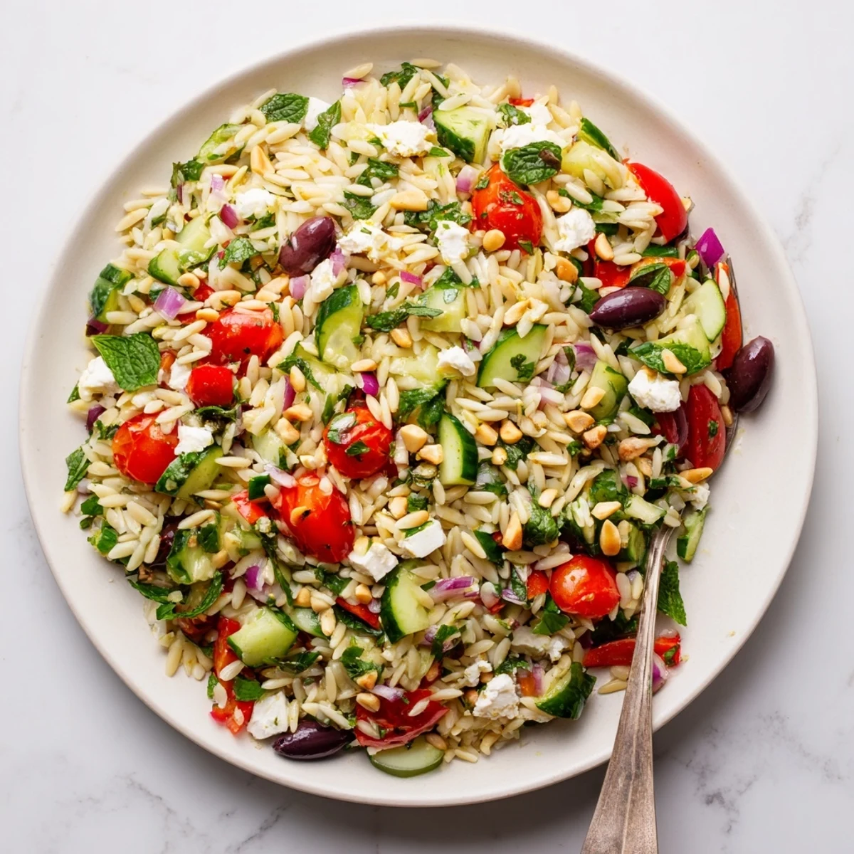Fresh Mediterranean orzo salad with cherry tomatoes, cucumber, and lemon-oregano dressing