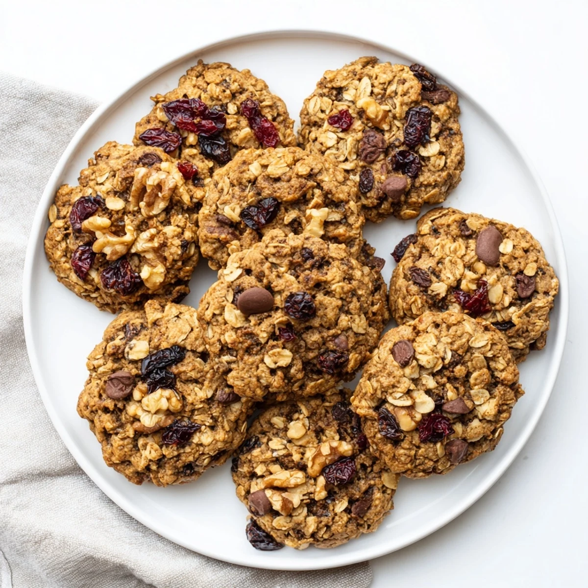 Golden brown healthy breakfast cookies with oats, nuts, and dried cranberries cooling on a wire rack