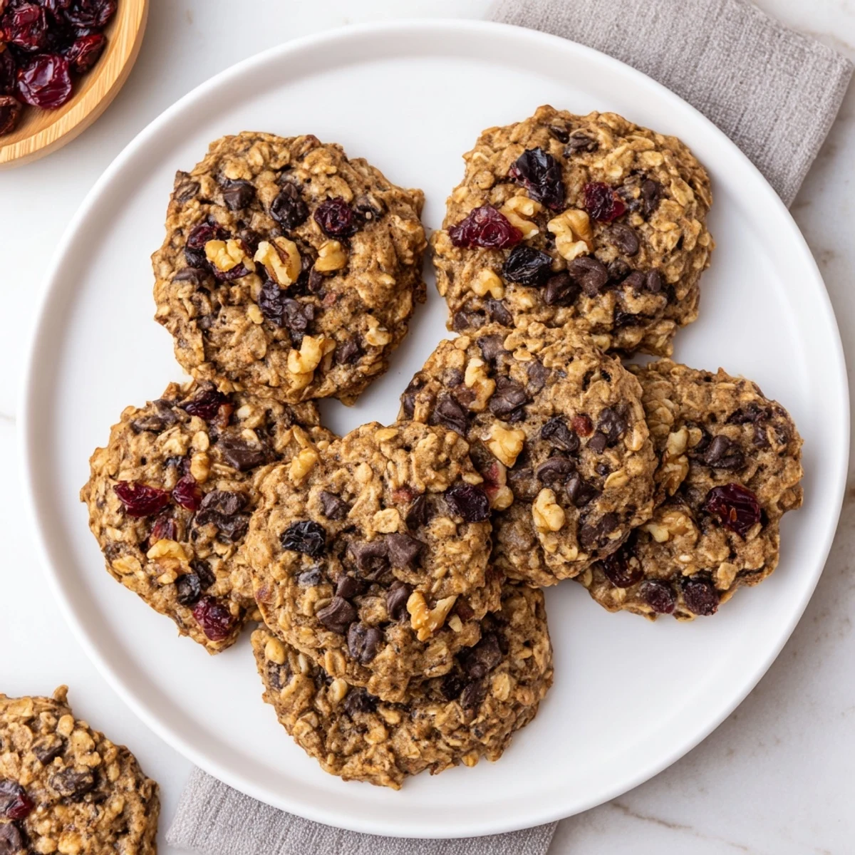 Batch of freshly baked healthy breakfast cookies with nuts and fruit on a parchment-lined baking sheet