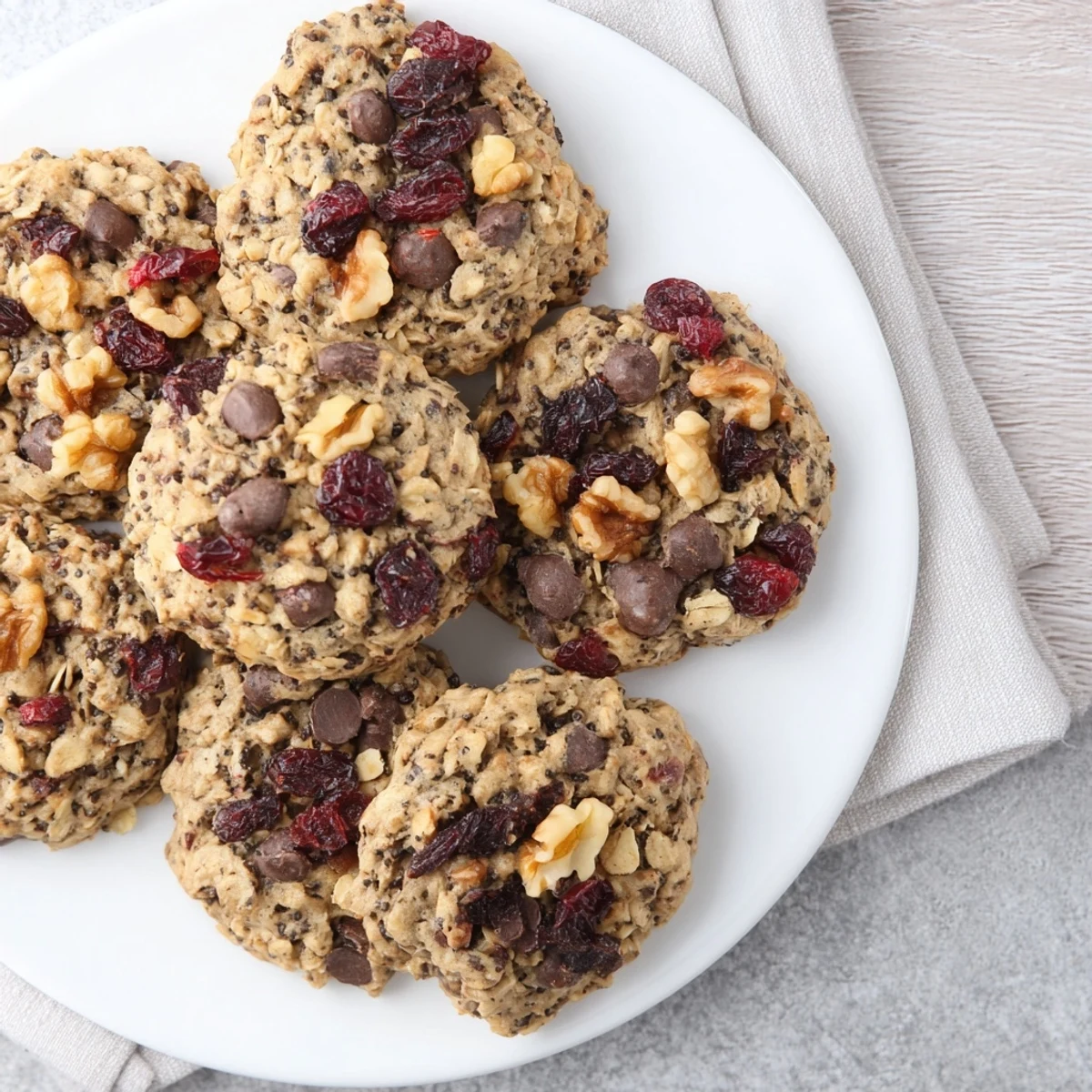 Chewy wholesome breakfast cookies stacked on a wooden board featuring visible oats and chocolate chips