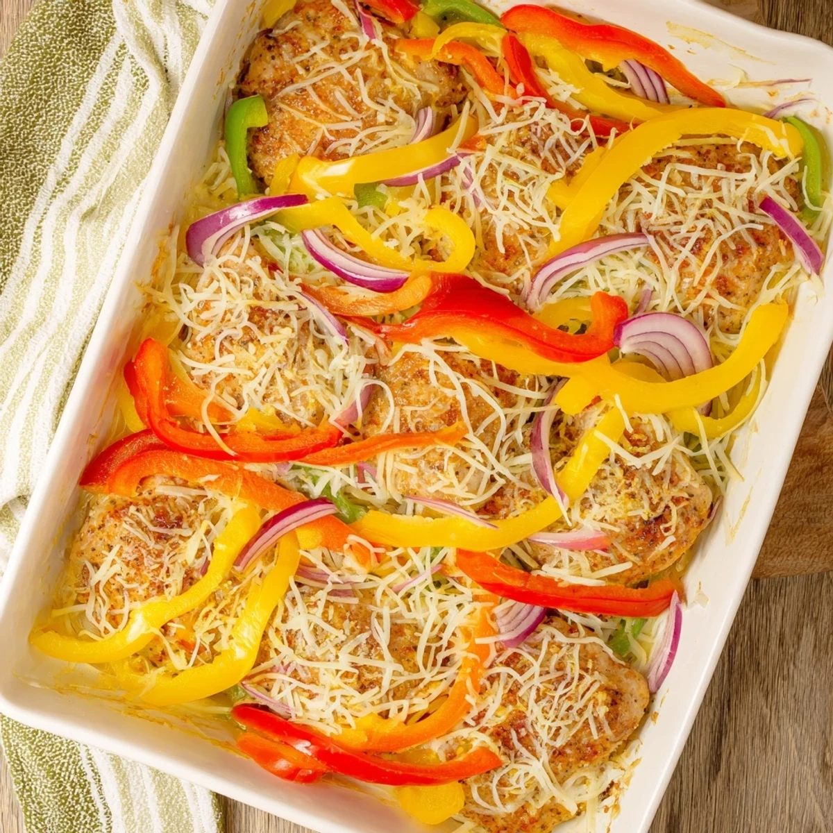 Golden cheesy baked chicken breast nestled among colorful roasted peppers in a baking dish