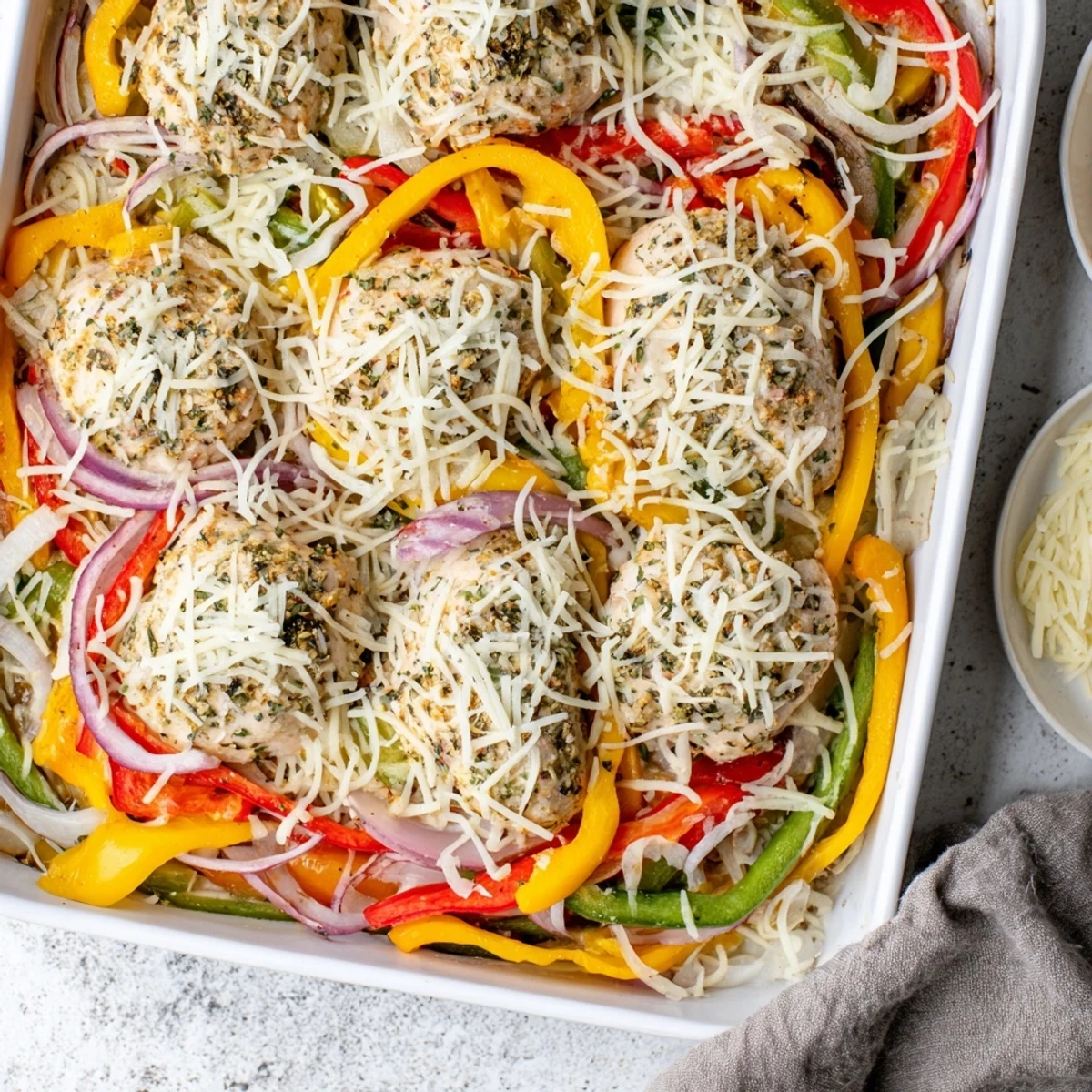 Savory cheesy baked chicken breast served with roasted red yellow and green peppers