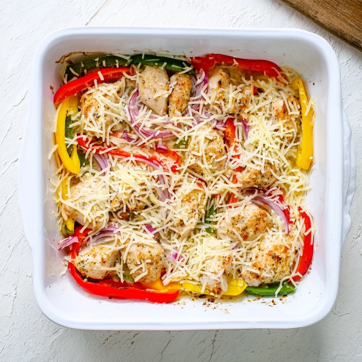 Tender chicken breasts topped with melted mozzarella and Parmesan over sliced bell peppers