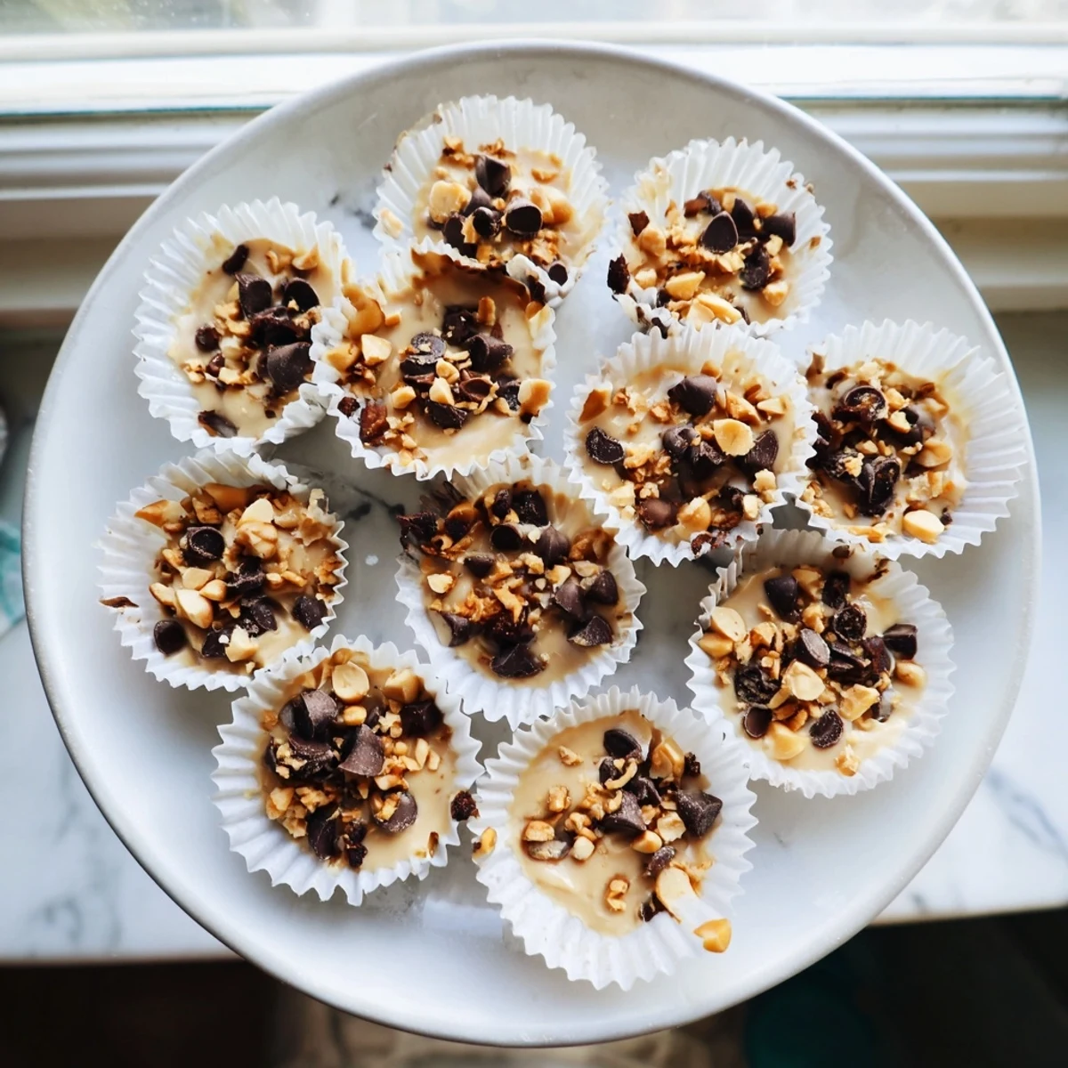 Creamy High Protein Frozen Peanut Butter Greek Yogurt Bakes topped with crushed peanuts on a chilled plate