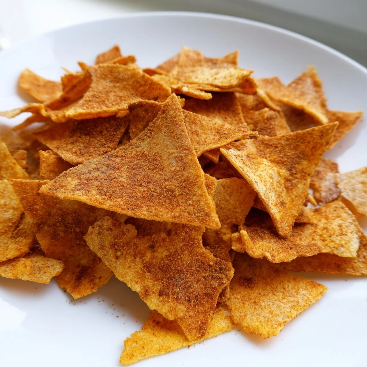 Baked chickpea chips scattered on parchment with a small bowl of creamy hummus dip