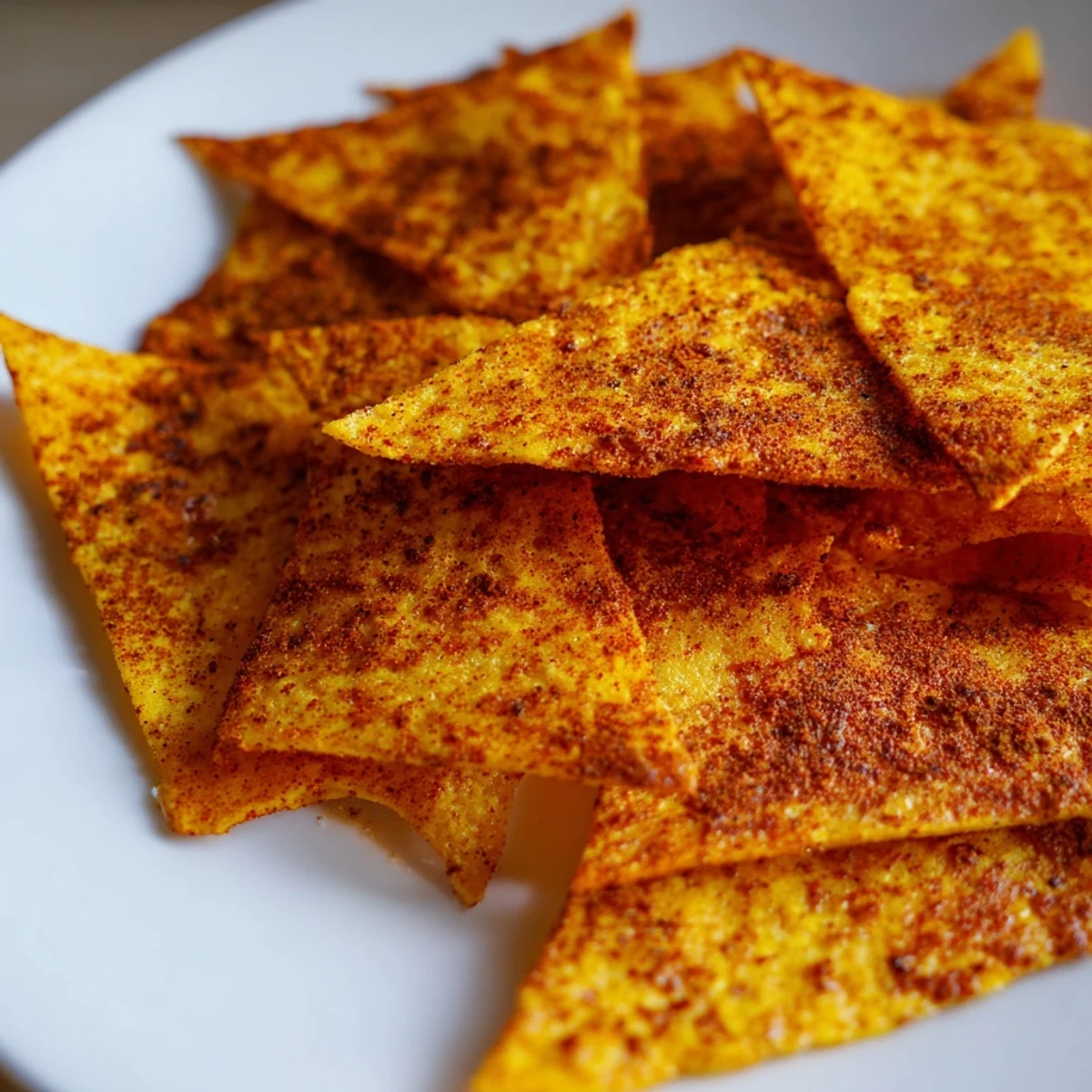 Close-up of golden brown chickpea chips broken into pieces, showing their crispy textured edges