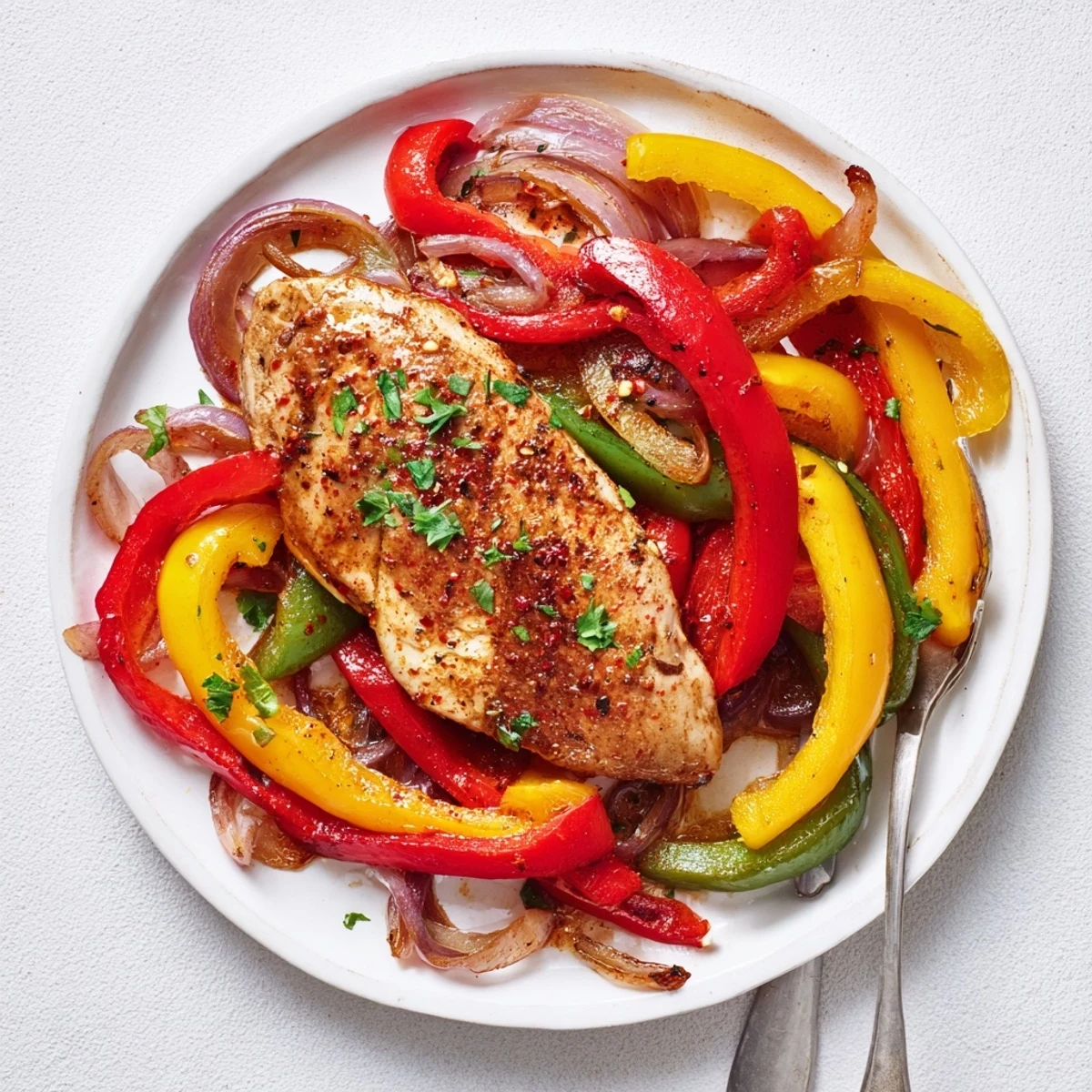 One Pan Chicken And Peppers with golden seared chicken and colorful peppers  