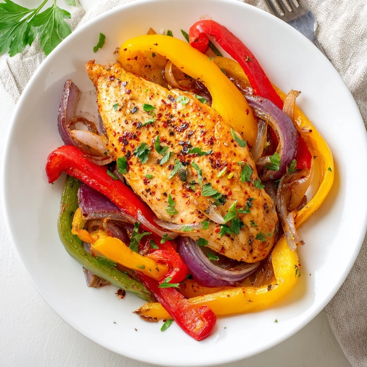 Weeknight One Pan Chicken And Peppers served over rice with parsley garnish