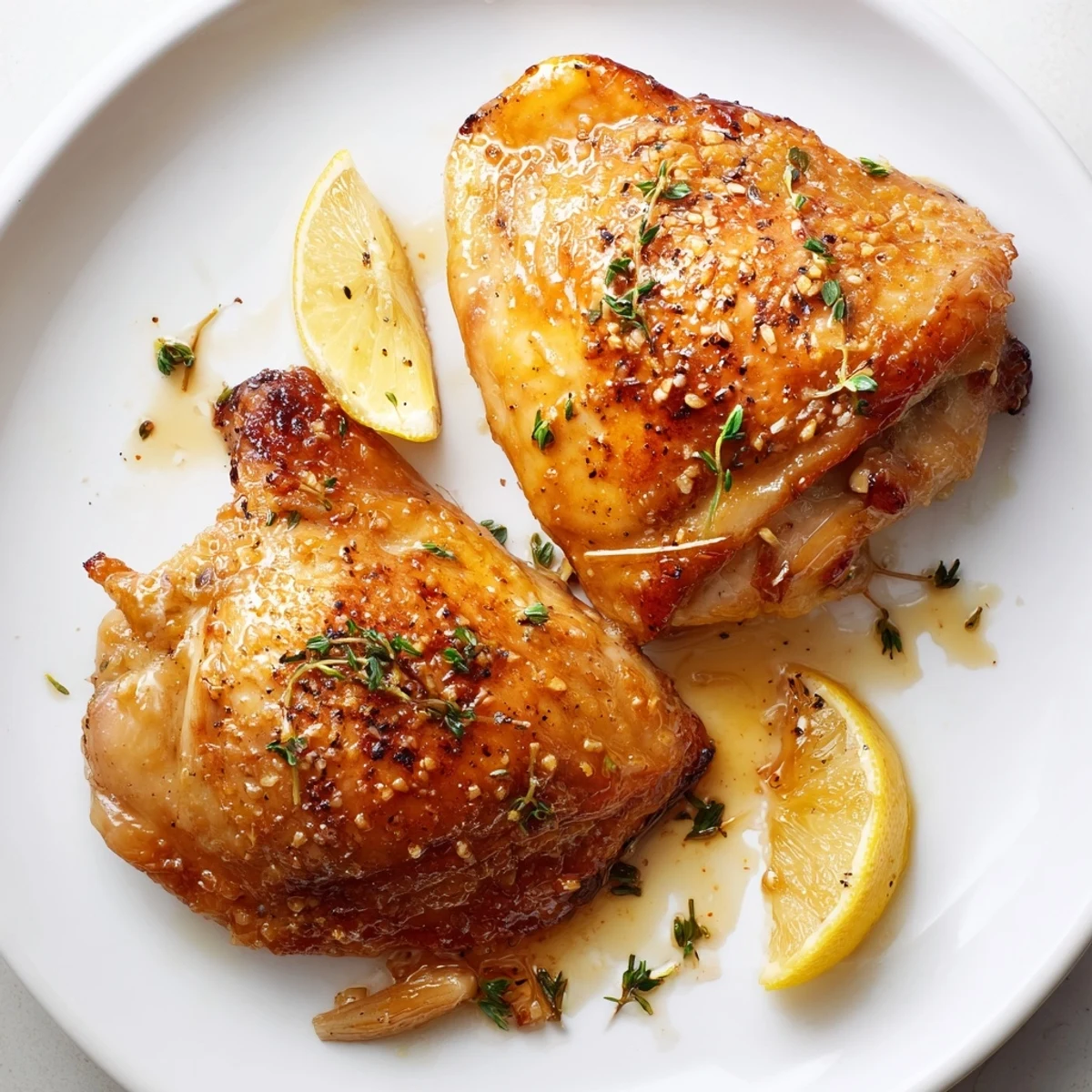 Lemon Pepper Chicken Thighs roasted to golden crisp, garnished with lemon wedges.  