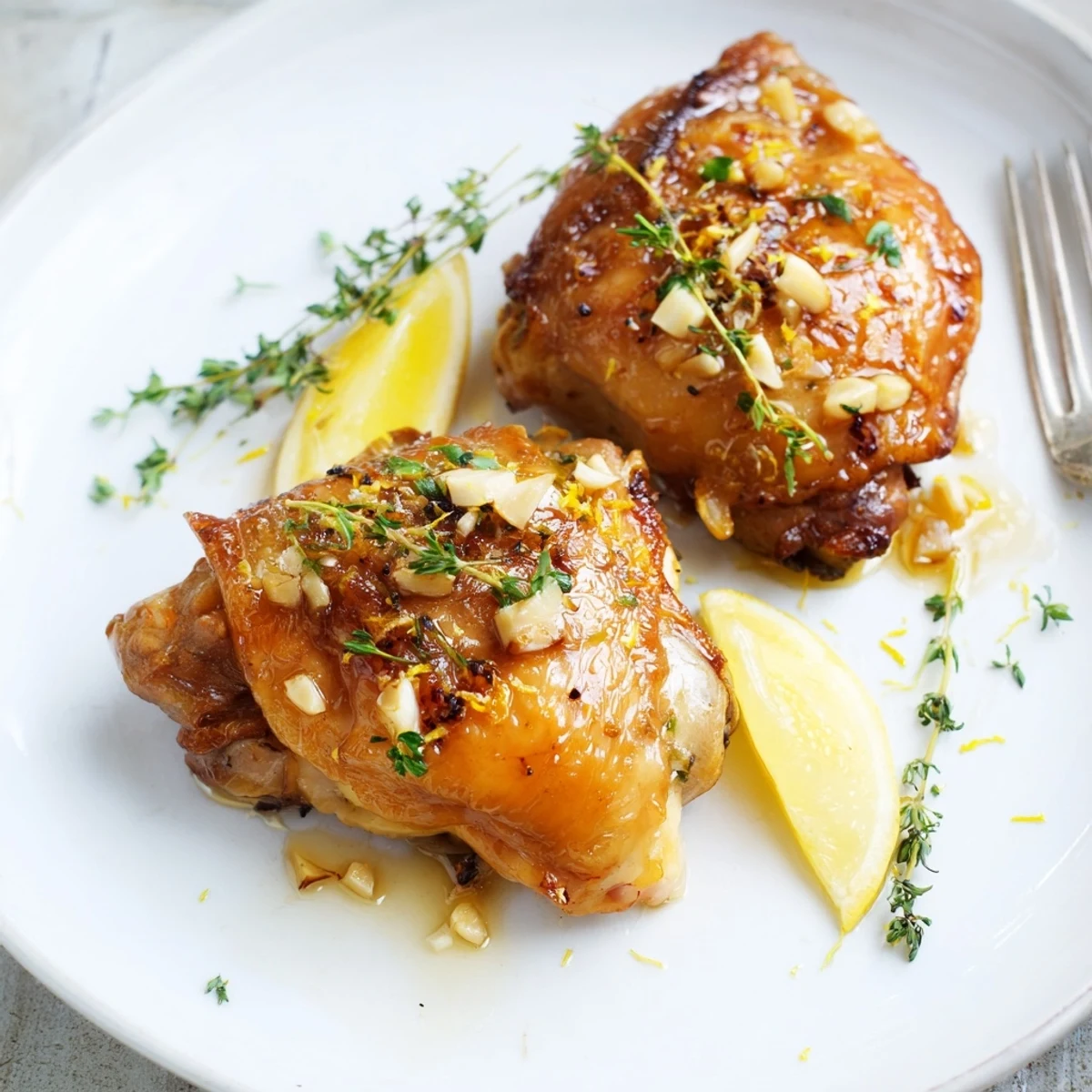 Juicy Lemon Pepper Chicken Thighs marinated in zesty lemon, served with parsley.  