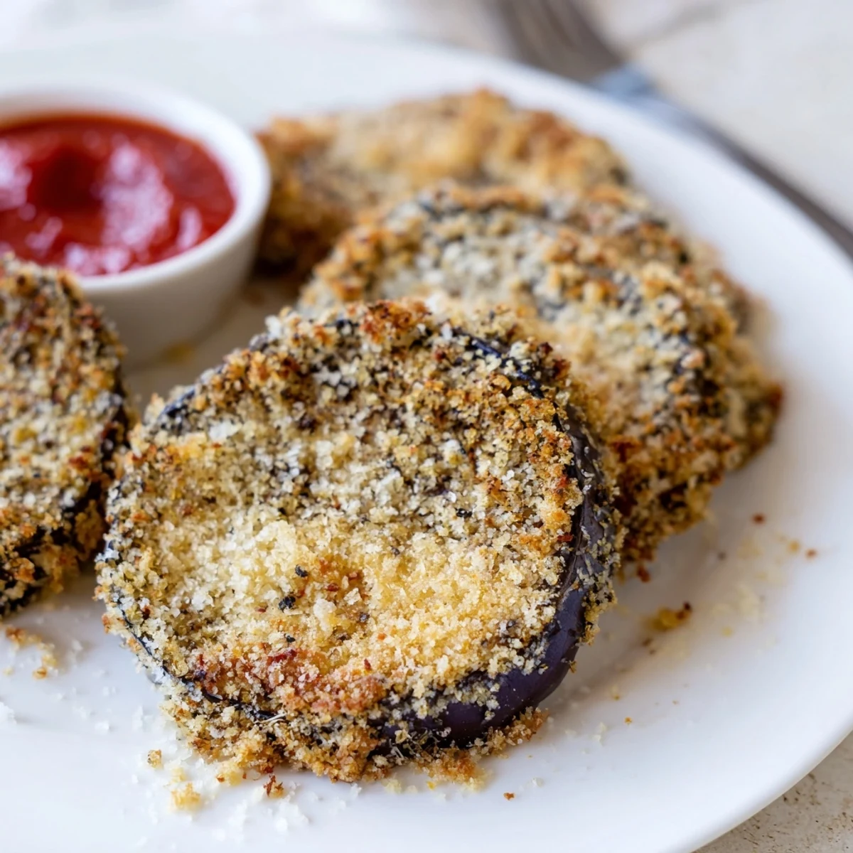 Crispy Baked Eggplant slices golden and crunchy, served with marinara dipping sauce