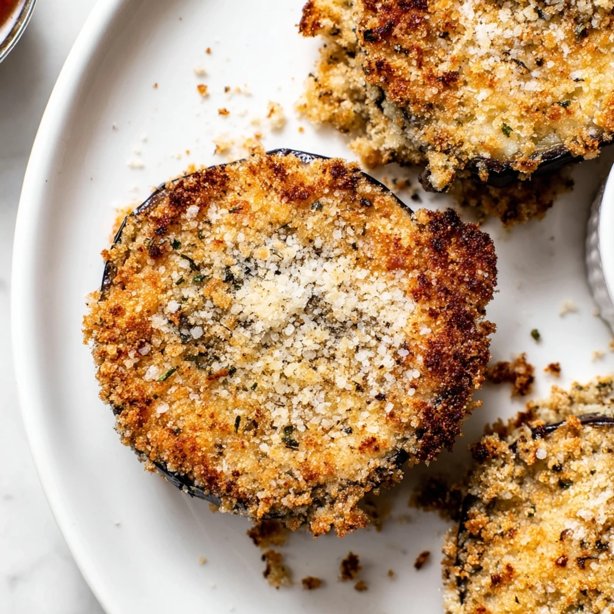 Warm Crispy Baked Eggplant rounds, herb-scented and perfect atop toasted sandwich