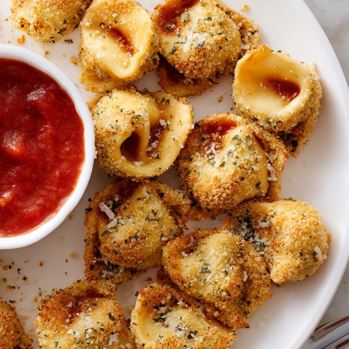Crispy Tortellini Party Snacks Recipe on platter, golden bites with marinara dip