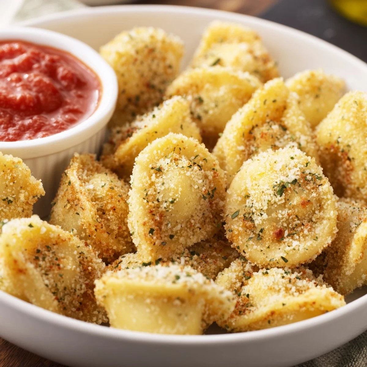 Freshly fried Crispy Tortellini Party Snacks Recipe steaming, crunchy breadcrumb crust