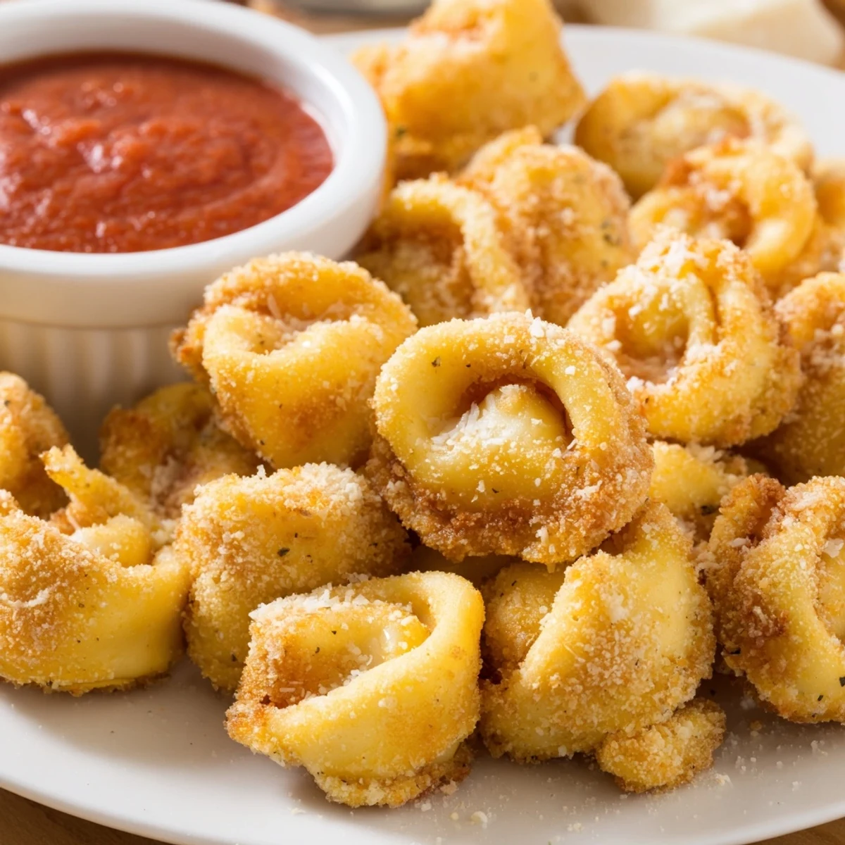Baked Crispy Tortellini Party Snacks Recipe arranged on board, sprinkled Parmesan