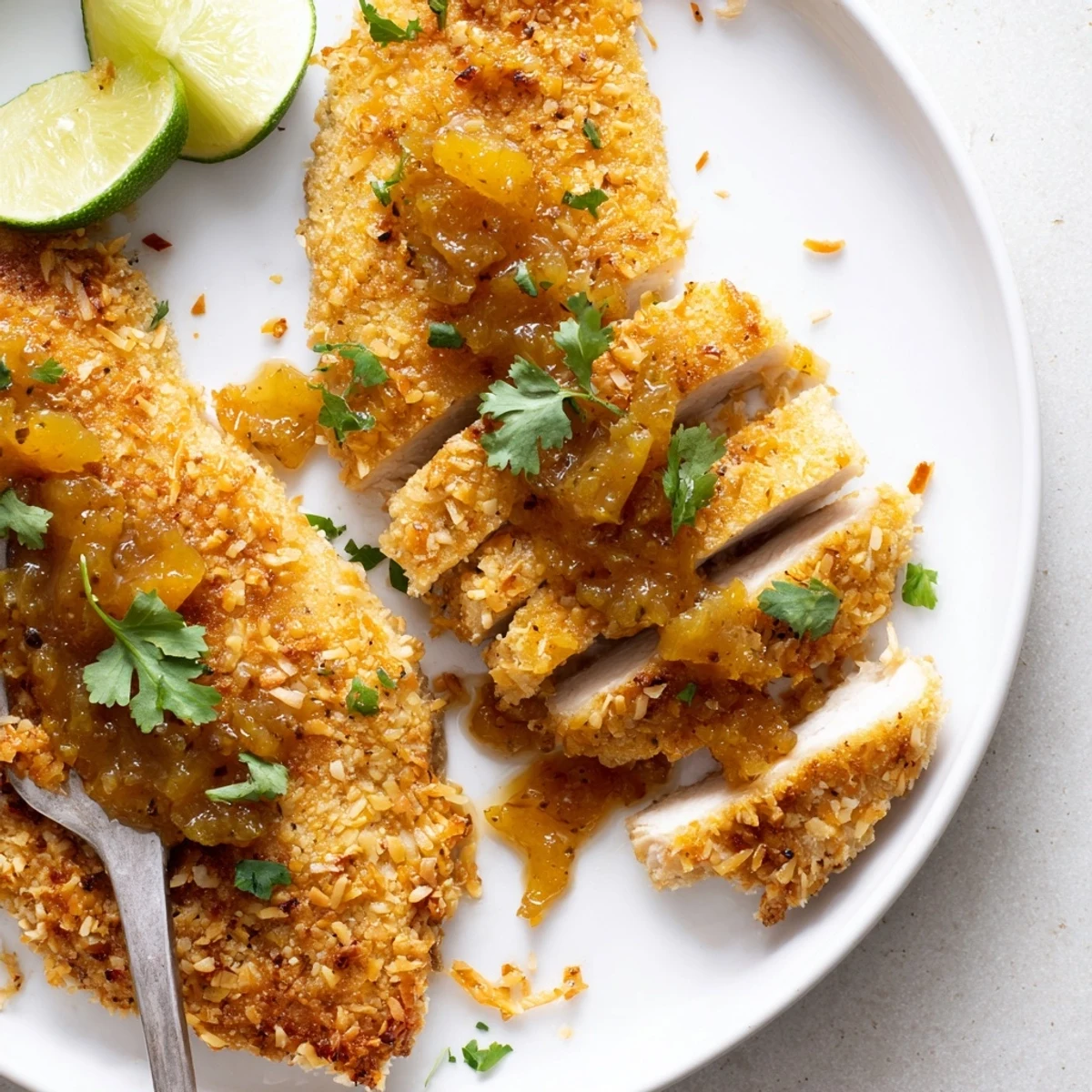 Golden crisp Coconut Chicken With Apricot Sauce drizzled in glossy fruity glaze