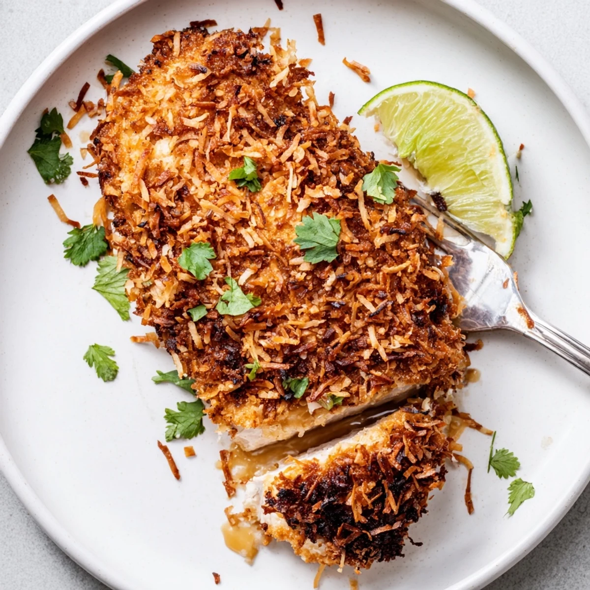 Coconut Chicken With Apricot Sauce served over jasmine rice, lime wedge on side