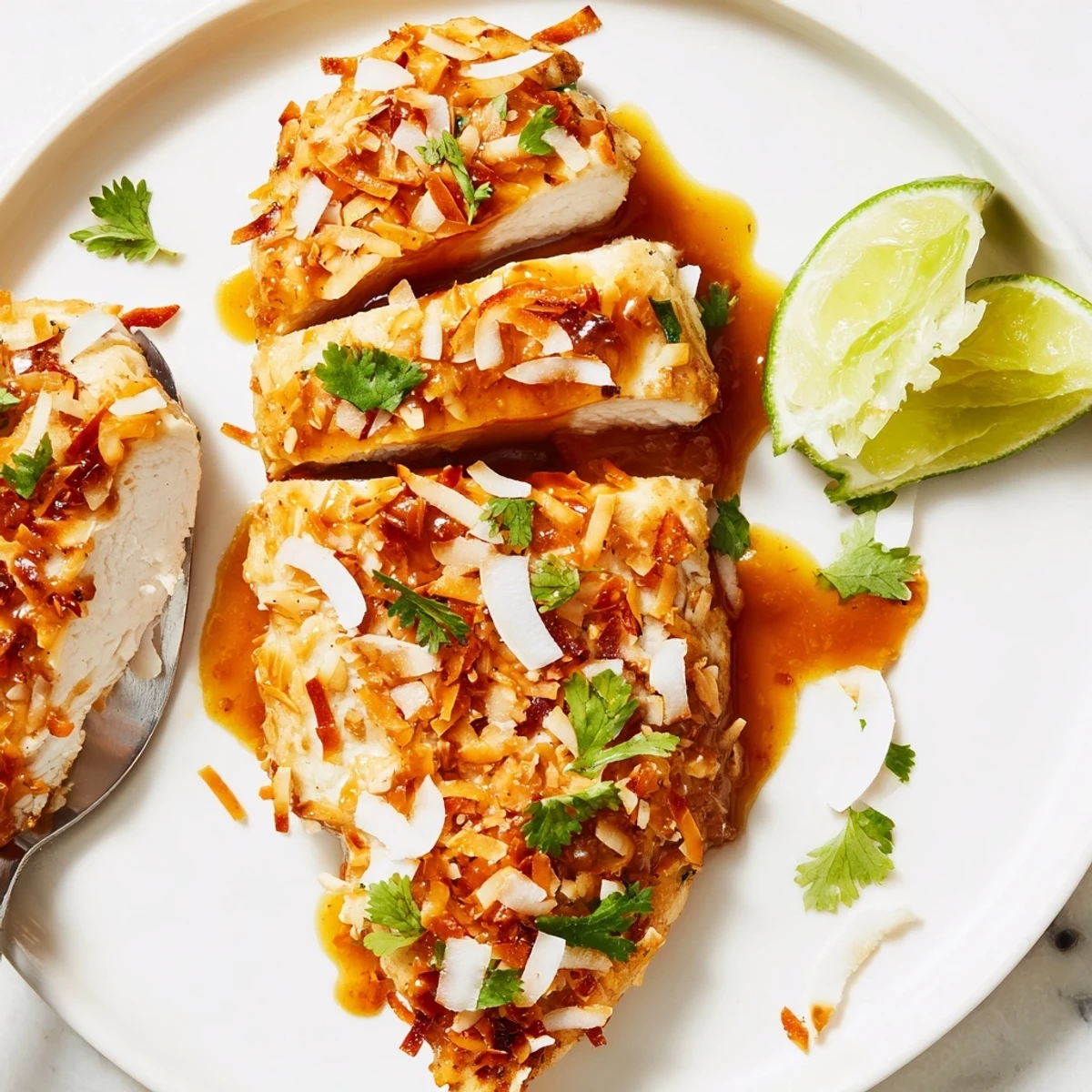 Hot, crunchy Coconut Chicken With Apricot Sauce plated with cilantro and pickled lime