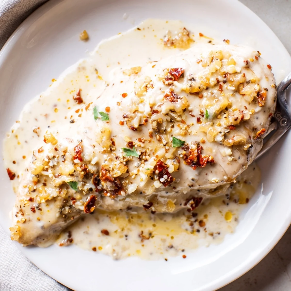 Dump And Go Crockpot Marry Me Chicken smothered in creamy sun-dried tomato sauce