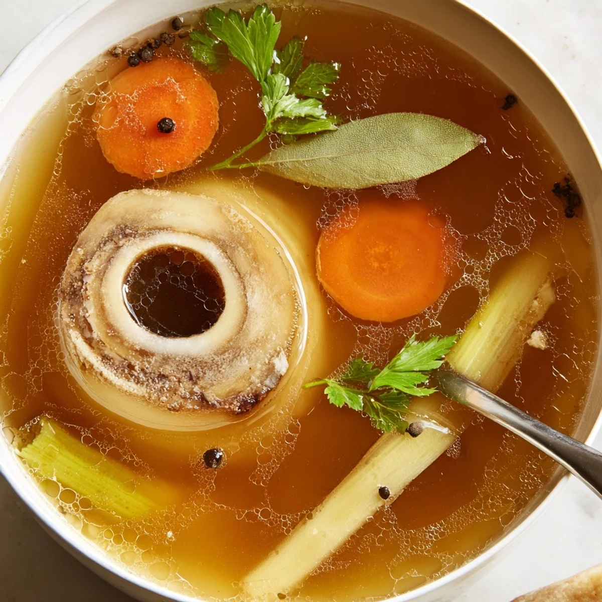 Golden Beef Bone Broth simmering in stockpot, rich gelatinous texture visible  