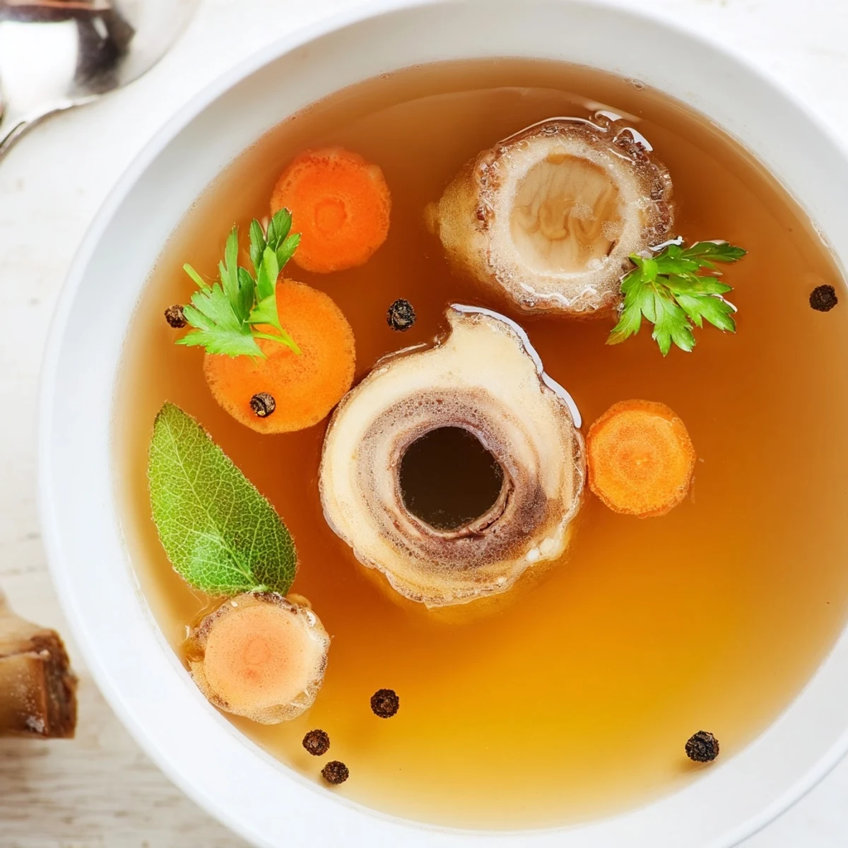 Steaming bowl of Beef Bone Broth with roasted marrow aroma and herbs  