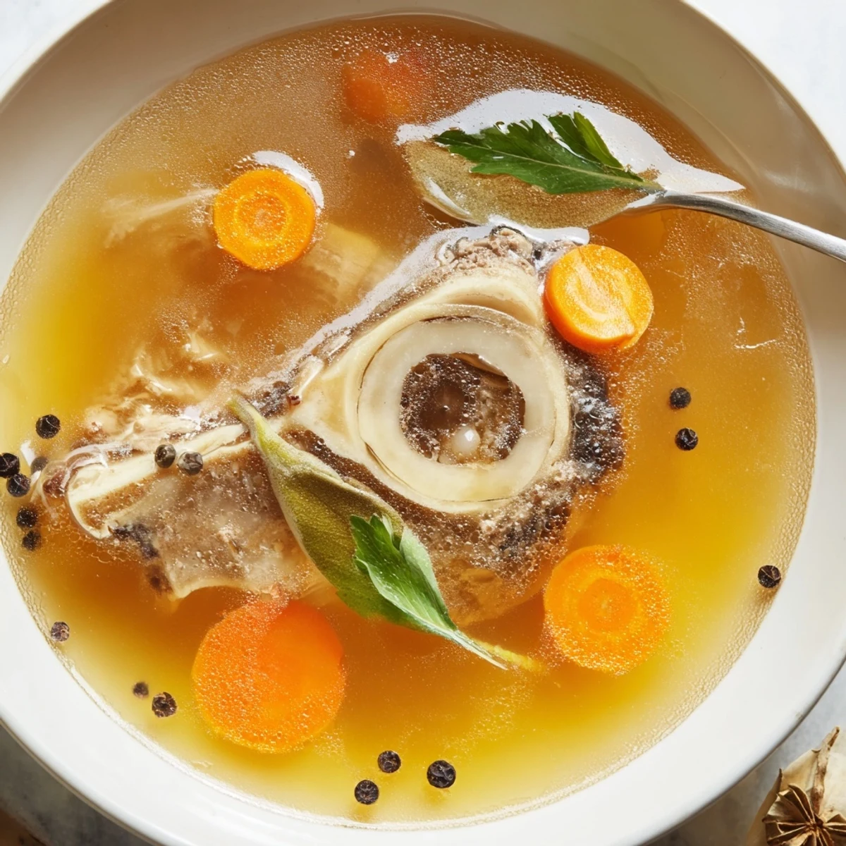 Ladle pouring Beef Bone Broth into mug, savory warmth perfect for sipping