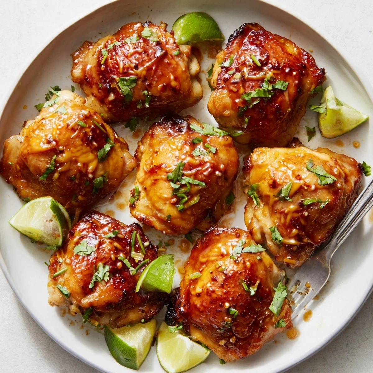 Caramelized glaze on Chipotle Honey Chicken Thighs With Smoked Gouda, cilantro garnish