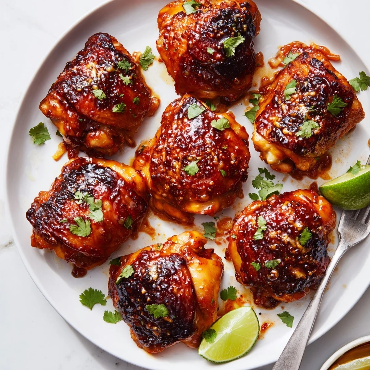 Oven-baked Chipotle Honey Chicken Thighs With Smoked Gouda served with lime wedges