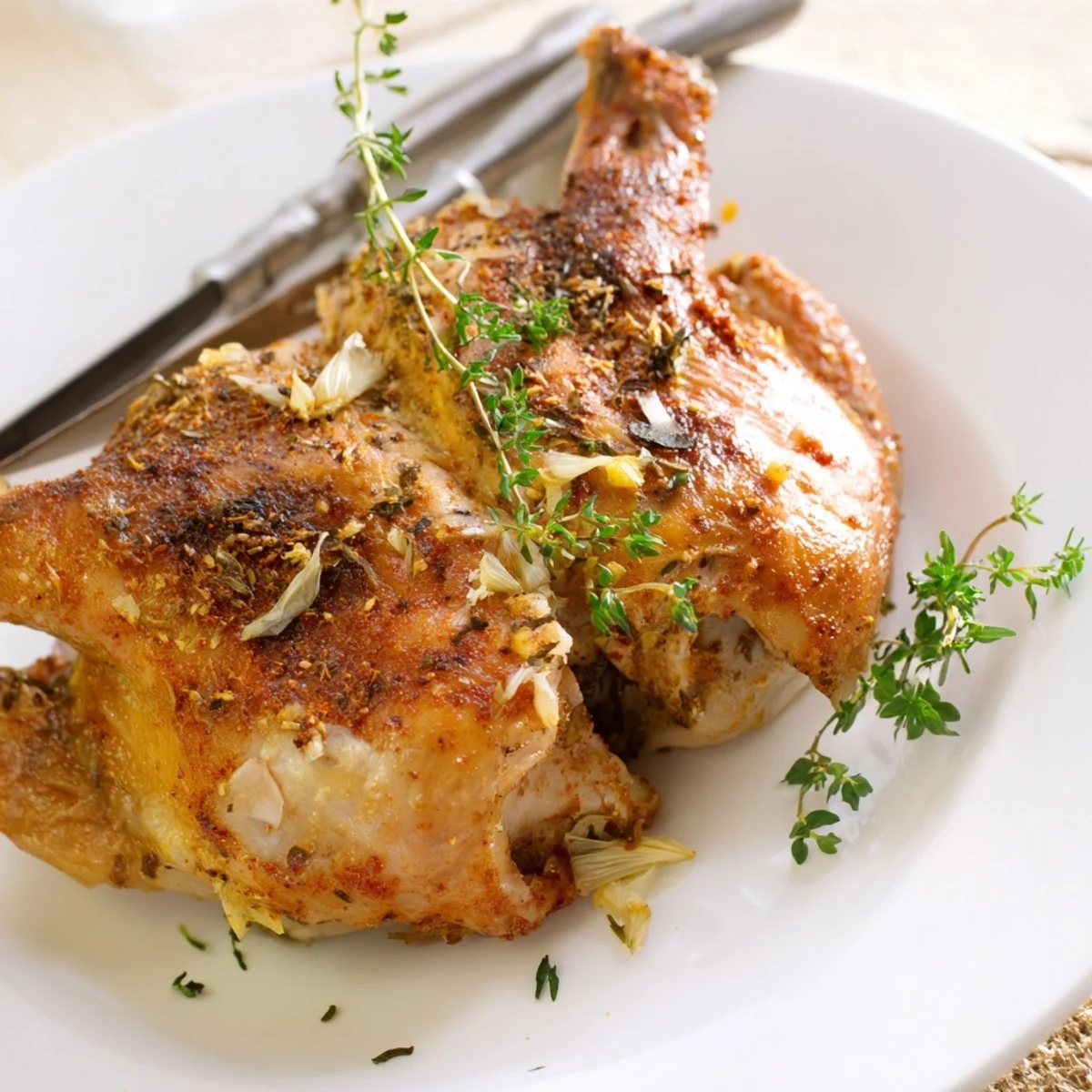 Warm slices of tender meat from Buttermilk Roasted Chicken plated with herbs