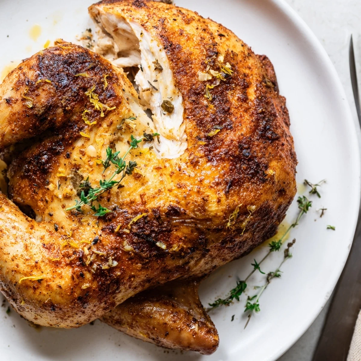 Juices glistening on a rack, Buttermilk Roasted Chicken ready to carve