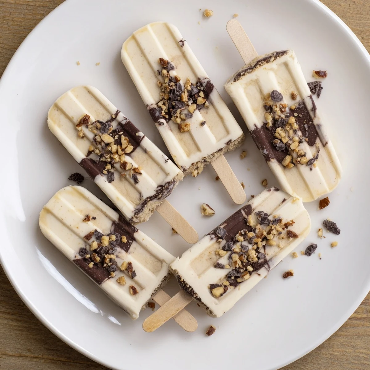 Creamy chocolate banana bliss popsicles with swirled dark chocolate drizzle on a wooden popsicle stick